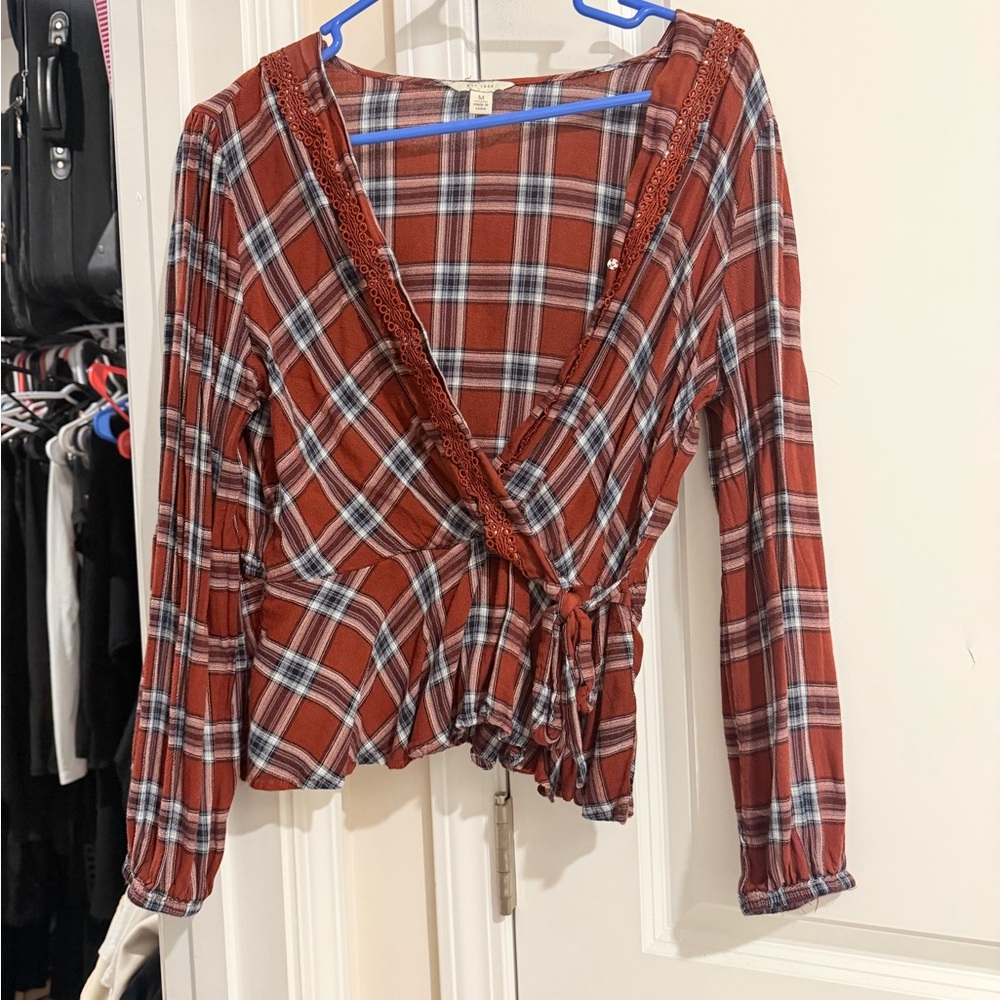 Rust Plaid Wrap Blouse
